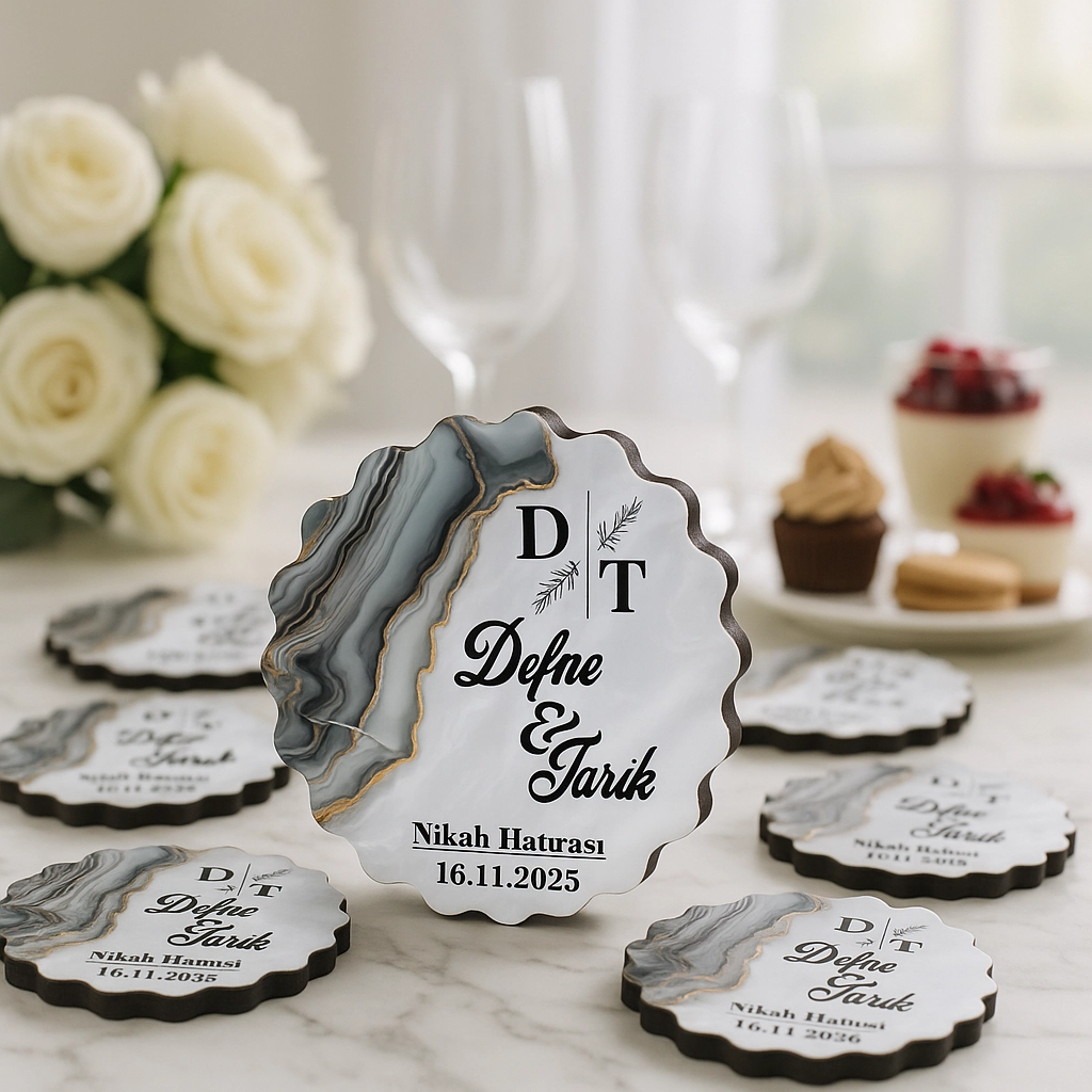 Epoksi-Mermer Görünümlü Ahşap Magnet - Gri - Kişiye Özel Nikah & Düğün Hediyeliği