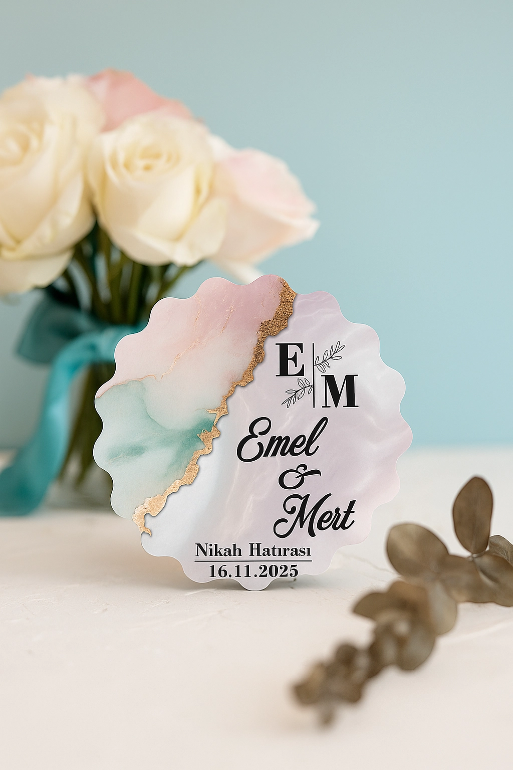 Epoksi-Mermer Görünümlü Ahşap Magnet - Pastel - Kişiye Özel Nikah & Düğün Hediyeliği