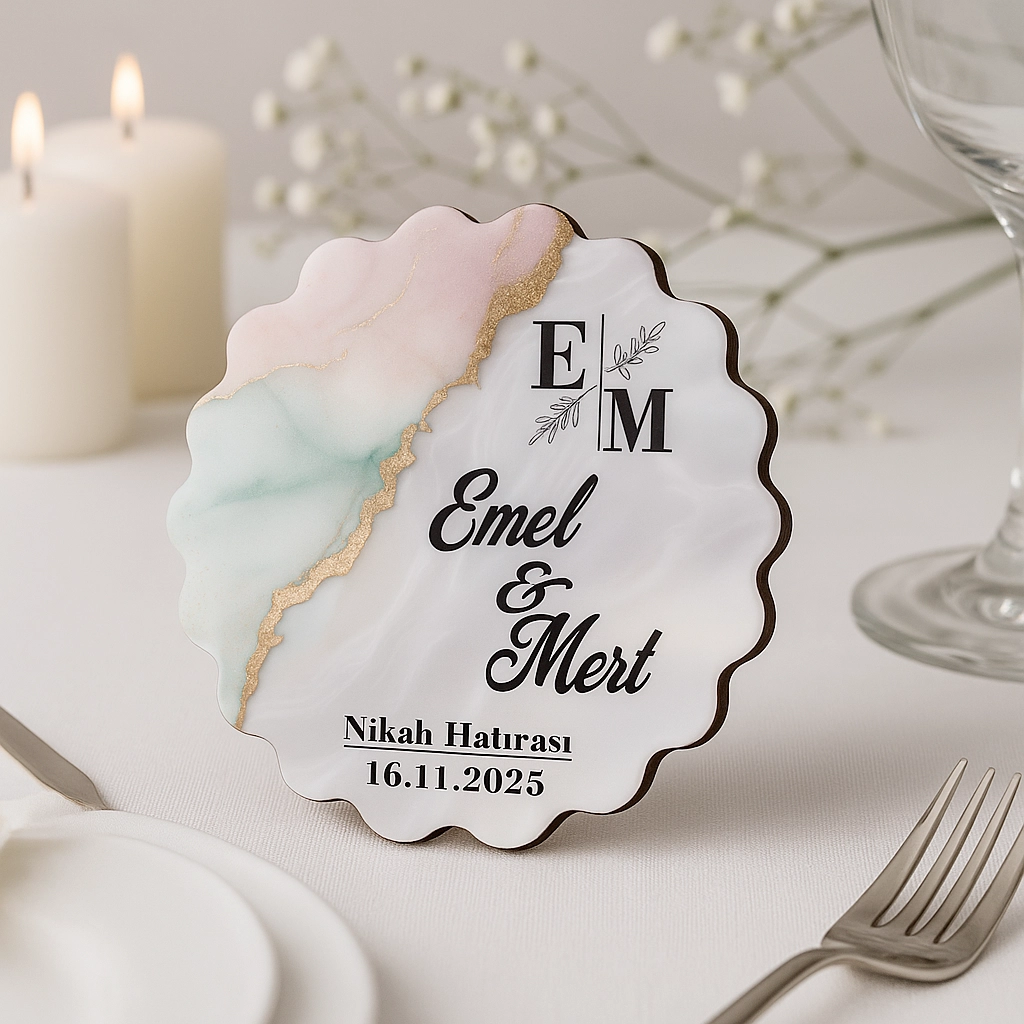 Epoksi-Mermer Görünümlü Ahşap Magnet - Pastel - Kişiye Özel Nikah & Düğün Hediyeliği