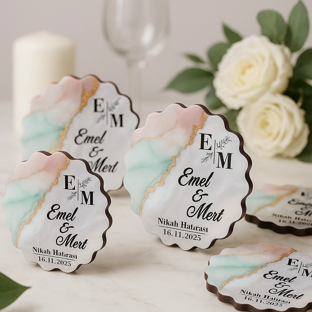 Epoksi-Mermer Görünümlü Ahşap Magnet - Pastel - Kişiye Özel Nikah & Düğün Hediyeliği