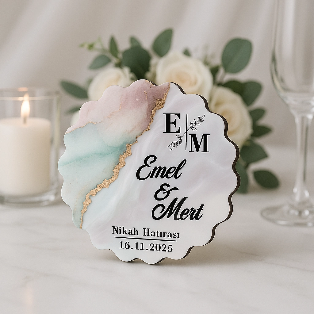Epoksi-Mermer Görünümlü Ahşap Magnet - Pastel - Kişiye Özel Nikah & Düğün Hediyeliği