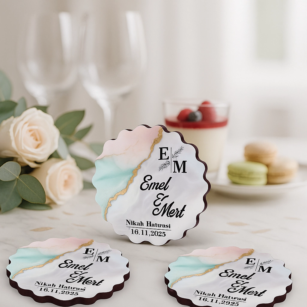 Epoksi-Mermer Görünümlü Ahşap Magnet - Pastel - Kişiye Özel Nikah & Düğün Hediyeliği