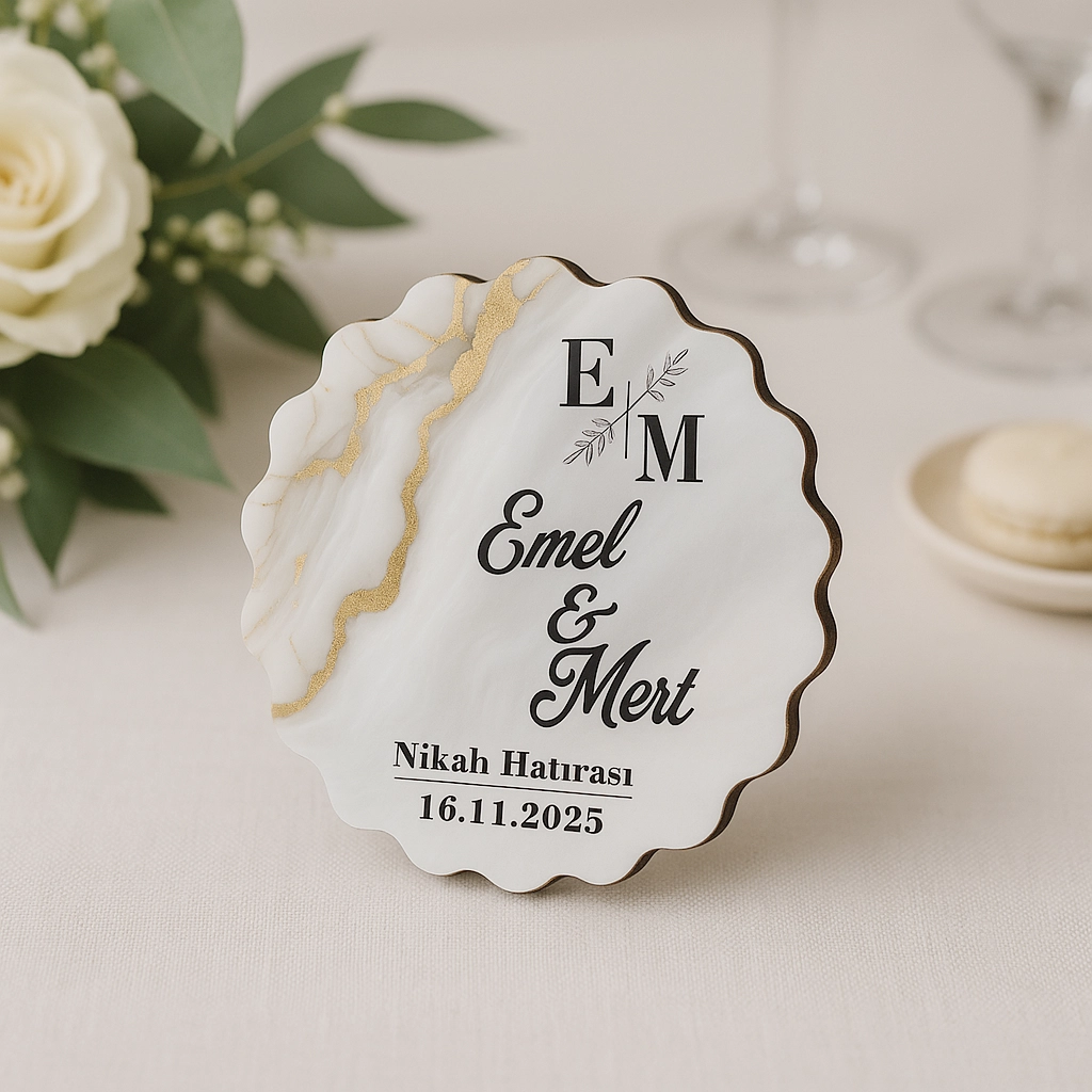 Epoksi-Mermer Görünümlü Ahşap Magnet - Krem, Doğal- Kişiye Özel Nikah & Düğün Hediyeliği