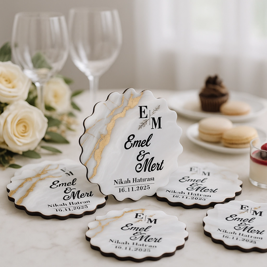 Epoksi-Mermer Görünümlü Ahşap Magnet - Krem, Doğal- Kişiye Özel Nikah & Düğün Hediyeliği