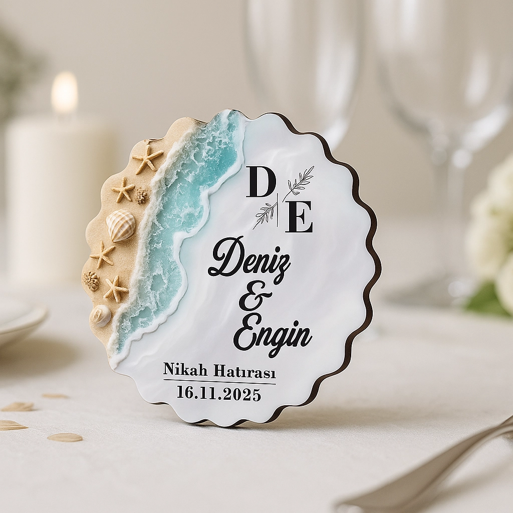Kişiye Özel Epoksi-Deniz Dalgası Görünümlü Ahşap Magnet- Kişiye Özel Nikah & Düğün Hediyeliği