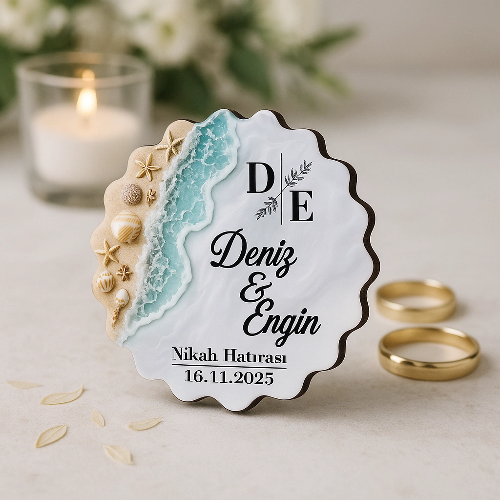 Kişiye Özel Epoksi-Deniz Dalgası Görünümlü Ahşap Magnet- Kişiye Özel Nikah & Düğün Hediyeliği