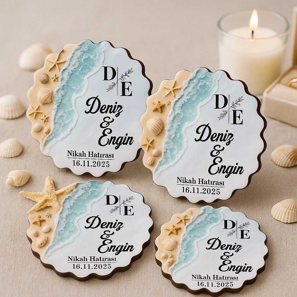 Kişiye Özel Epoksi-Deniz Dalgası Görünümlü Ahşap Magnet- Kişiye Özel Nikah & Düğün Hediyeliği