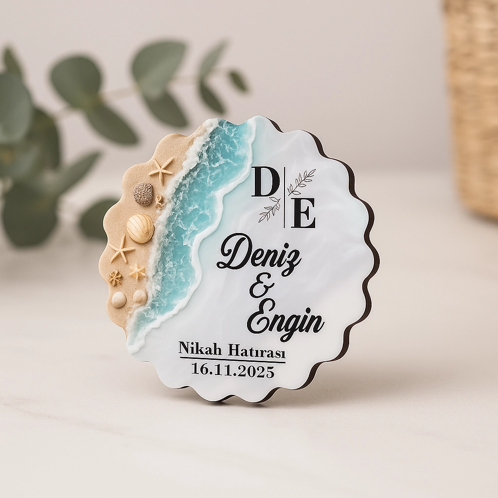 Kişiye Özel Epoksi-Deniz Dalgası Görünümlü Ahşap Magnet- Kişiye Özel Nikah & Düğün Hediyeliği