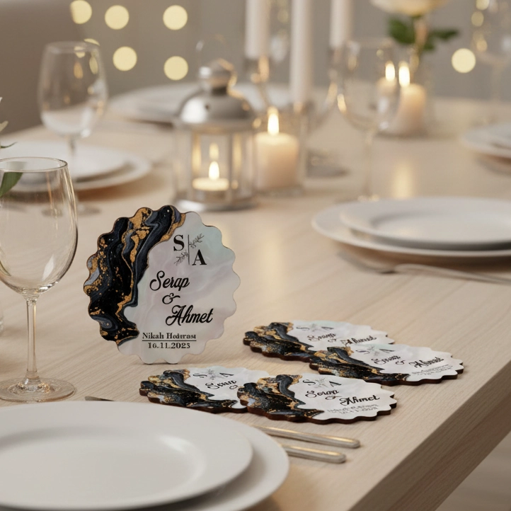 Kişiye Özel Epoksi-Mermer Görünümlü Ahşap Magnet - Siyah - Nikah & Düğün Hediyeliği