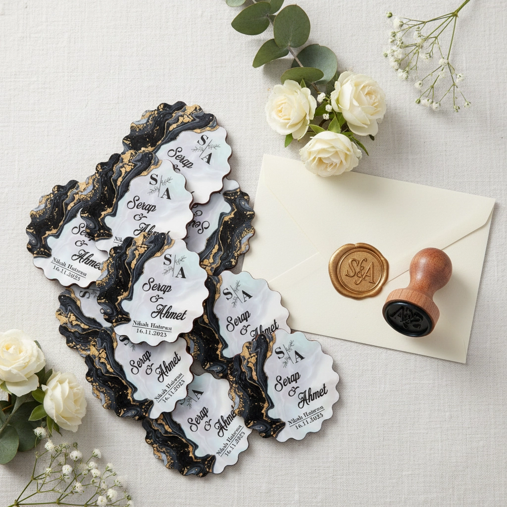 Kişiye Özel Epoksi-Mermer Görünümlü Ahşap Magnet - Siyah - Nikah & Düğün Hediyeliği