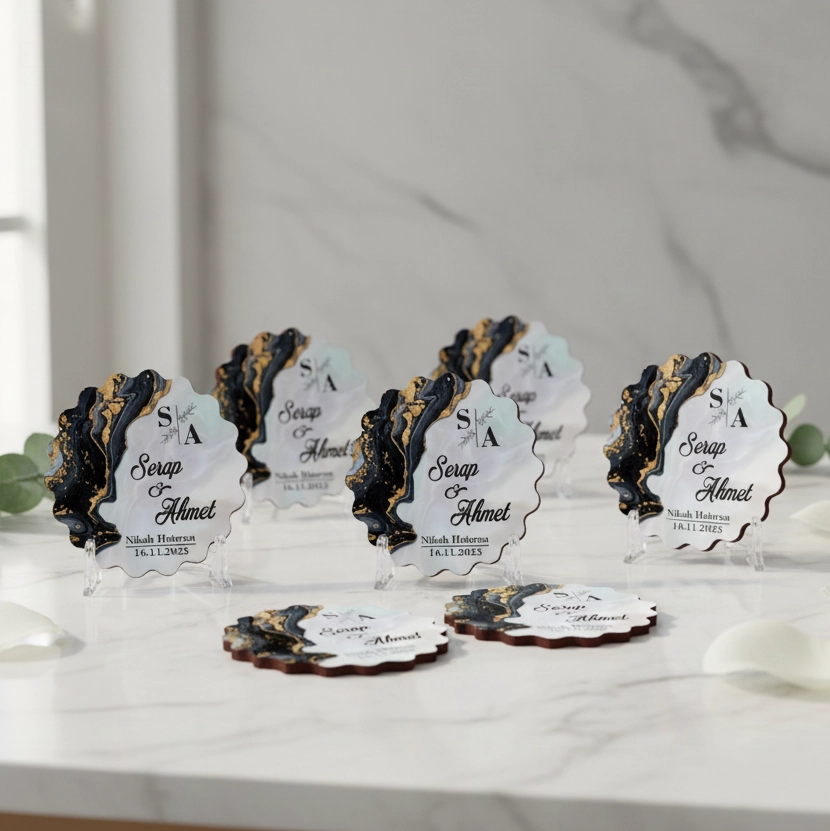 Kişiye Özel Epoksi-Mermer Görünümlü Ahşap Magnet - Siyah - Nikah & Düğün Hediyeliği