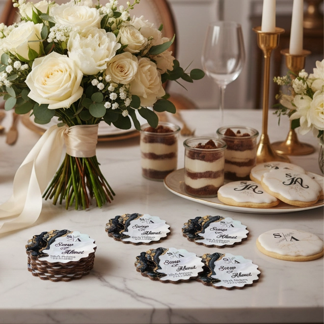 Kişiye Özel Epoksi-Mermer Görünümlü Ahşap Magnet - Siyah - Nikah & Düğün Hediyeliği