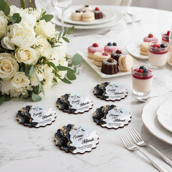 Kişiye Özel Epoksi-Mermer Görünümlü Ahşap Magnet - Siyah - Nikah & Düğün Hediyeliği